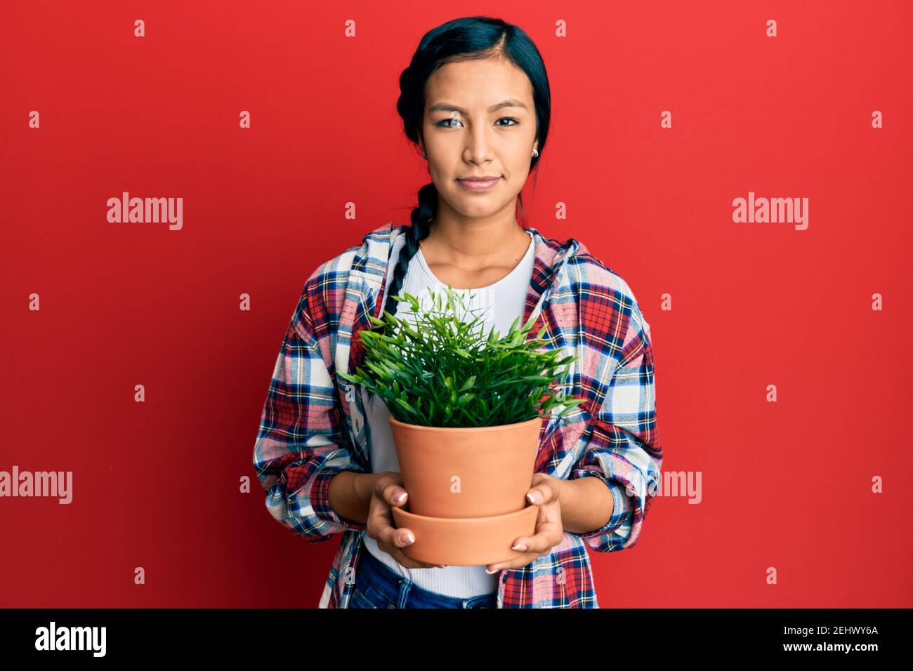 Beautiful hispanic woman wearing gardener shirt holding plant pot ...