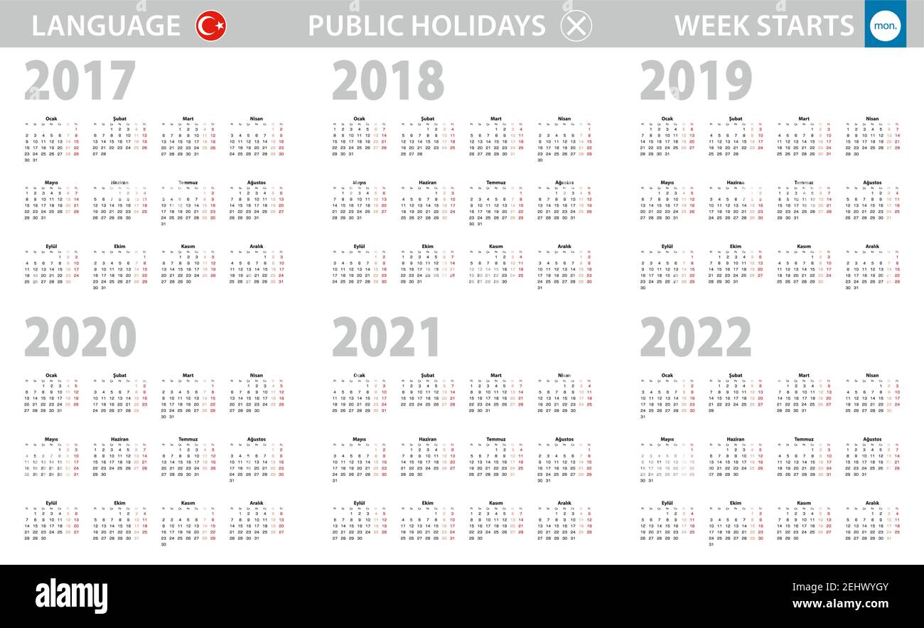 Calendar In Turkish Language For Year 17 18 19 21 22 Week Starts From Monday Vector Calendar Stock Vector Image Art Alamy