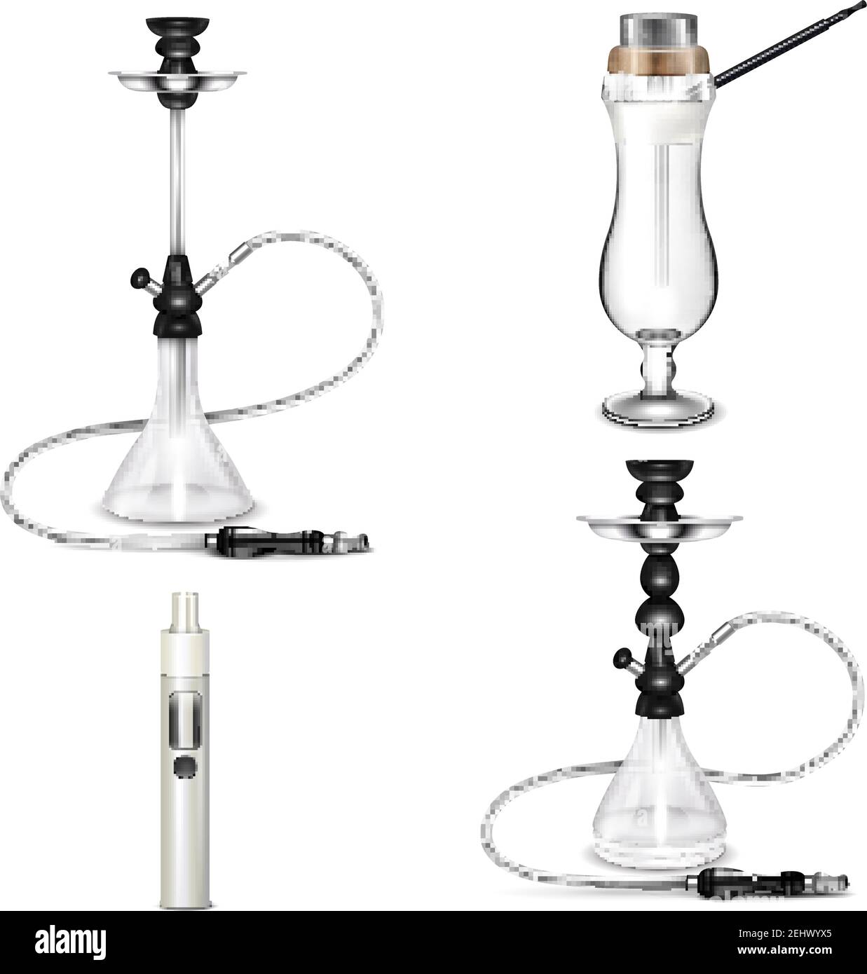 Colored hookah realistic icon set with different styles of hookahs and vape vector illustration