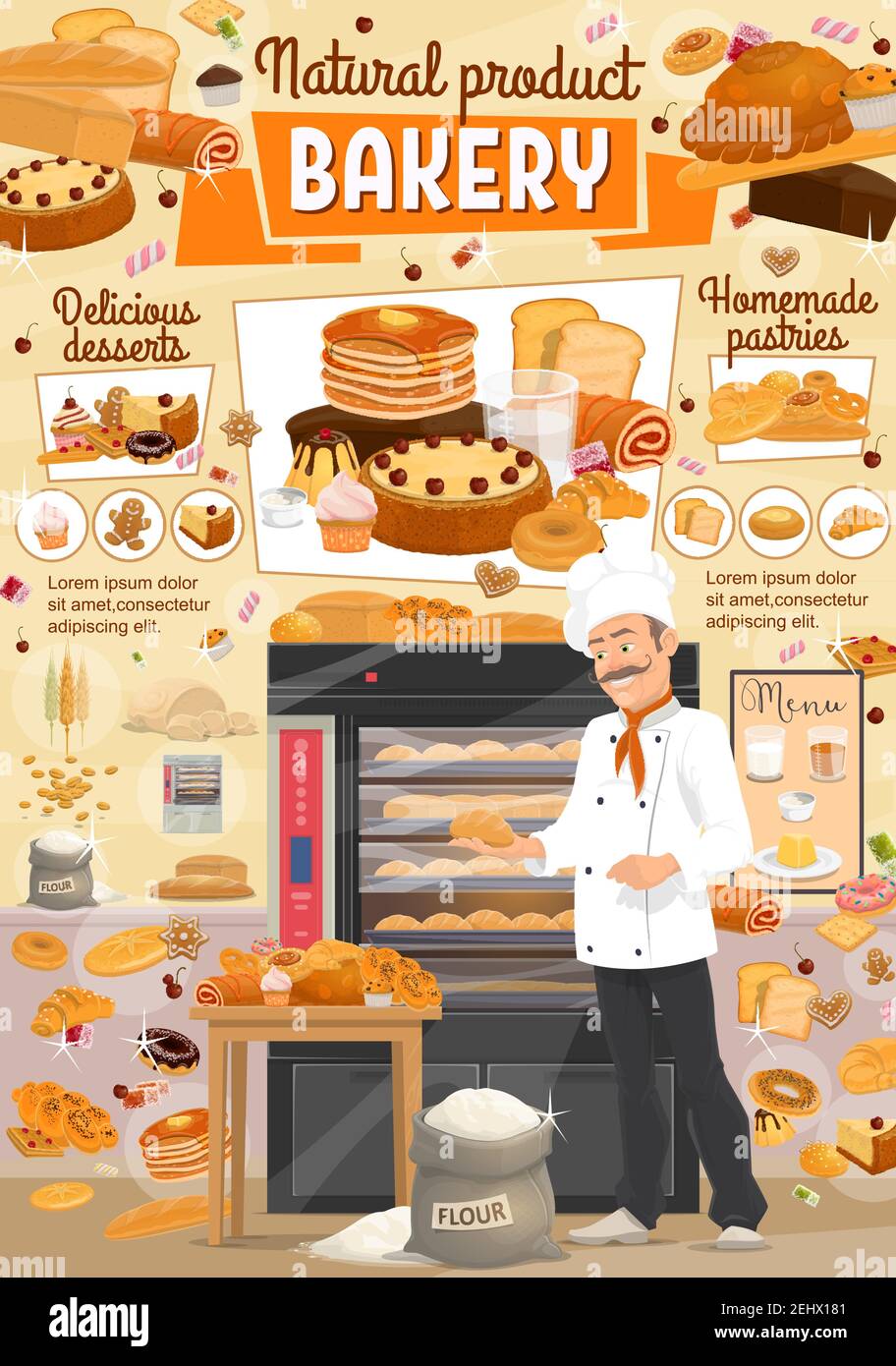 Baker in bakery shop with bread and desserts. Vector wheat flour bag, donut or muffin and croissant pastry with buns, pancakes or sweet bagel and toas Stock Vector