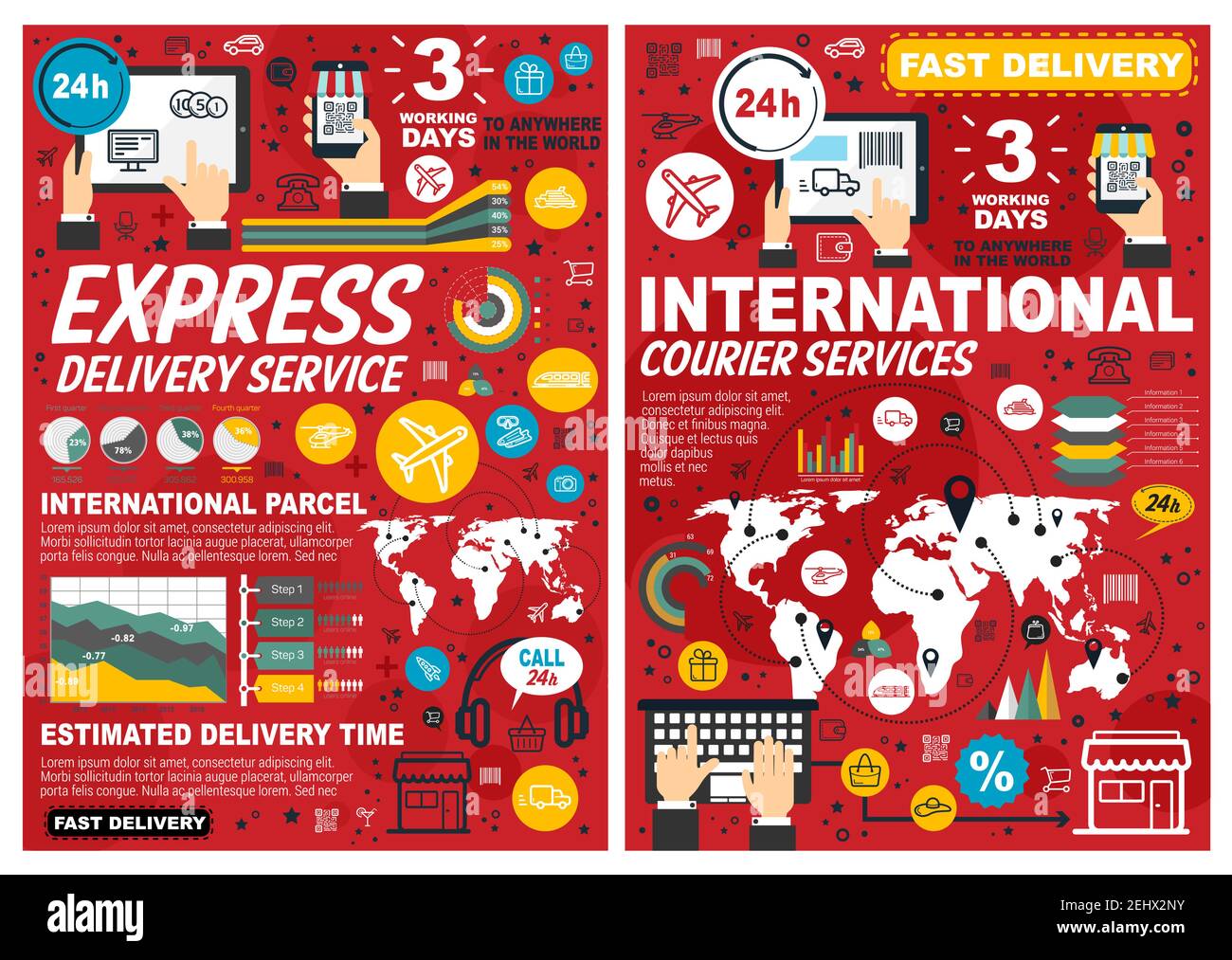 Express delivery and international courier service infographic posters. Vector line art