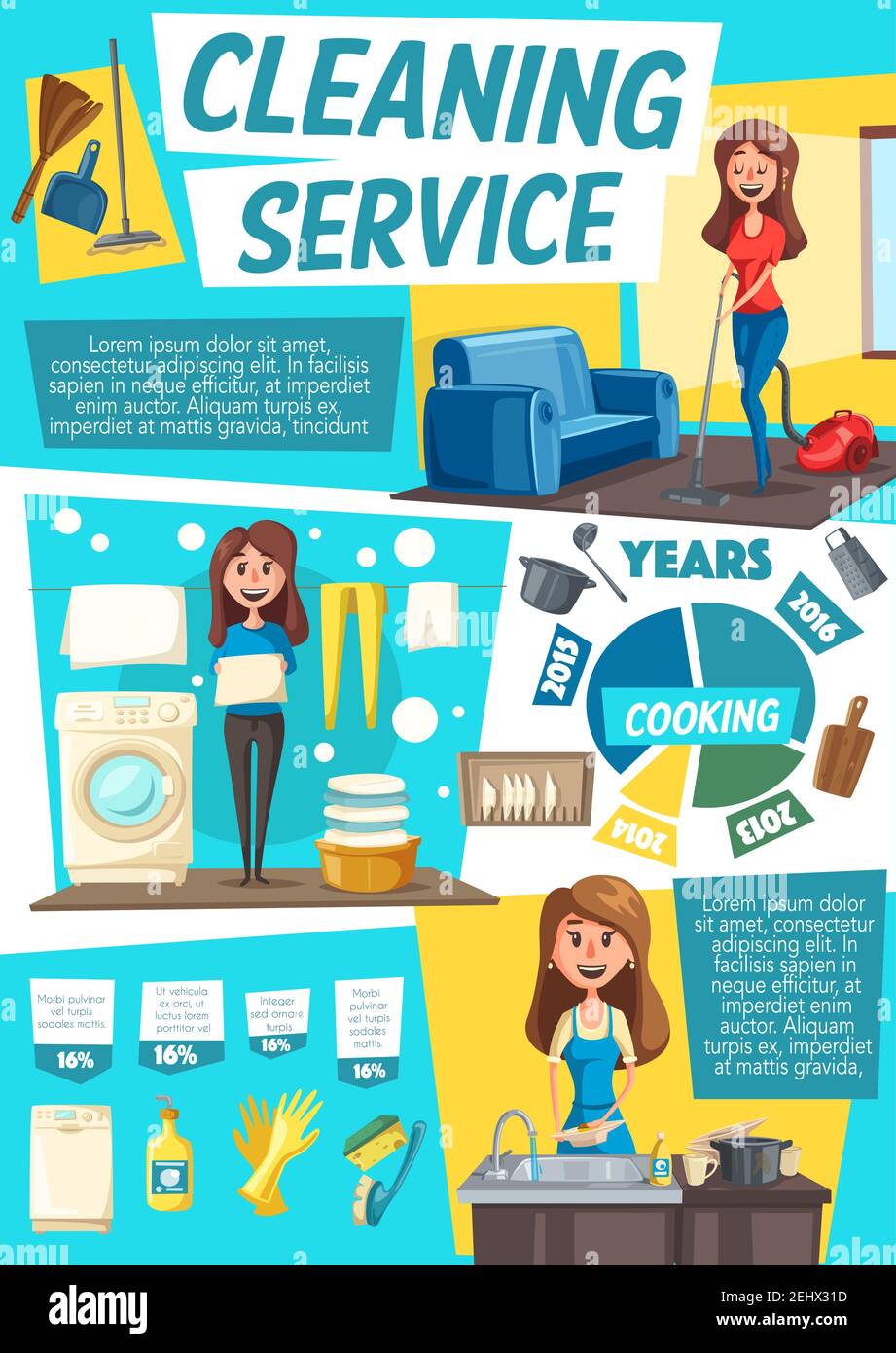 House cleaning service vector infographic, housewife vacuuming a floor, doing laundry and