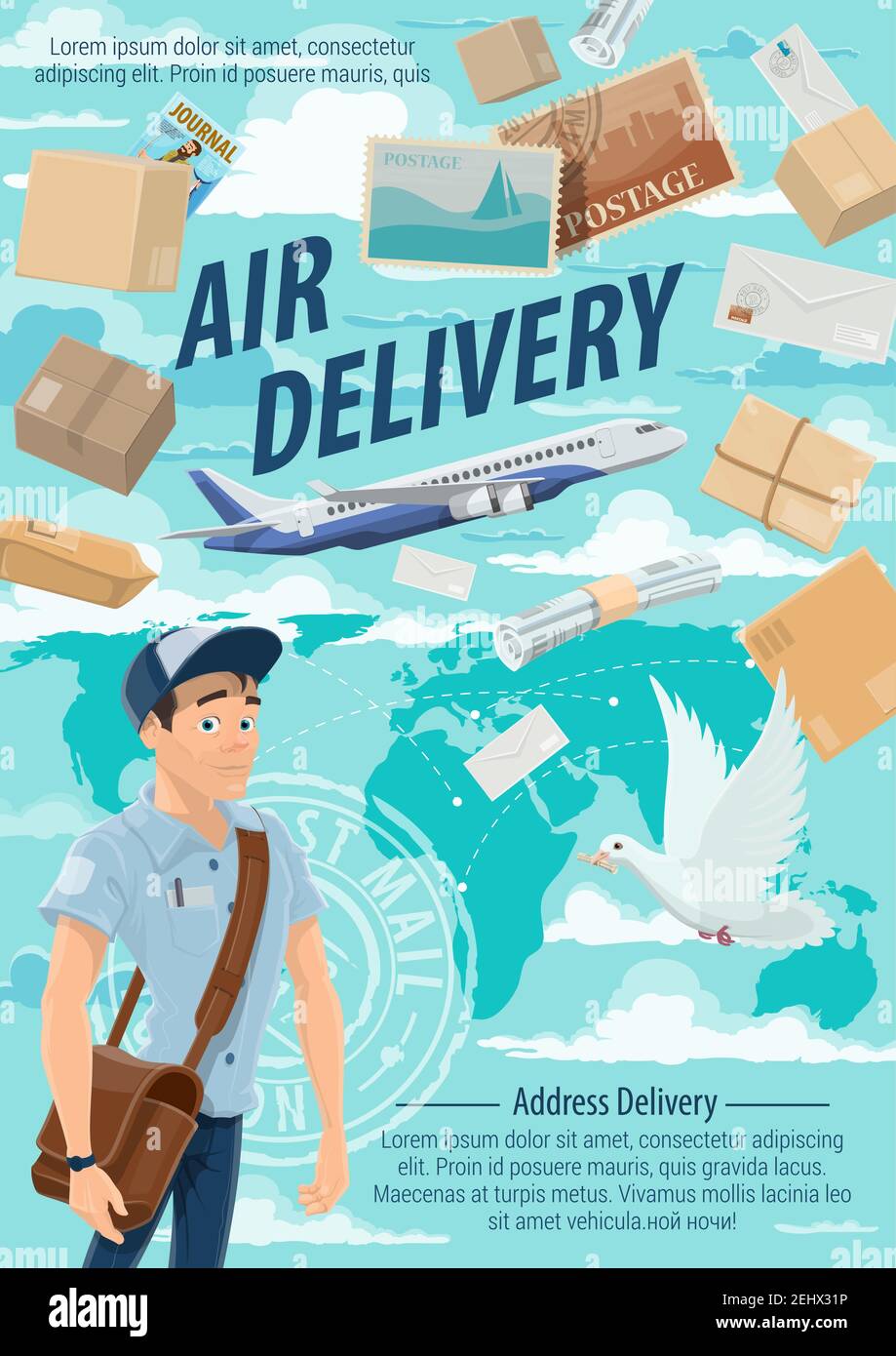 Post mail air delivery, postage logistics. Vector postman or mailman delivering letters, envelopes and parcels. Airplane or liner, postal dove and pos Stock Vector