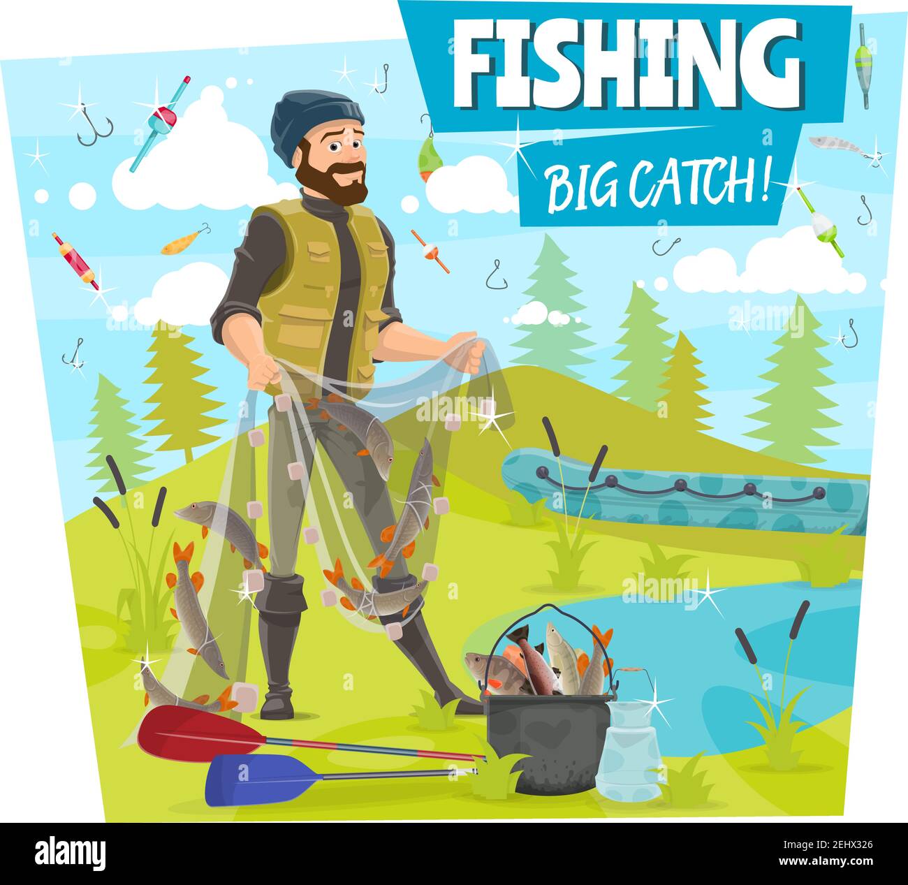 Fishing big catch poster of fisher man with fish in net. Vector