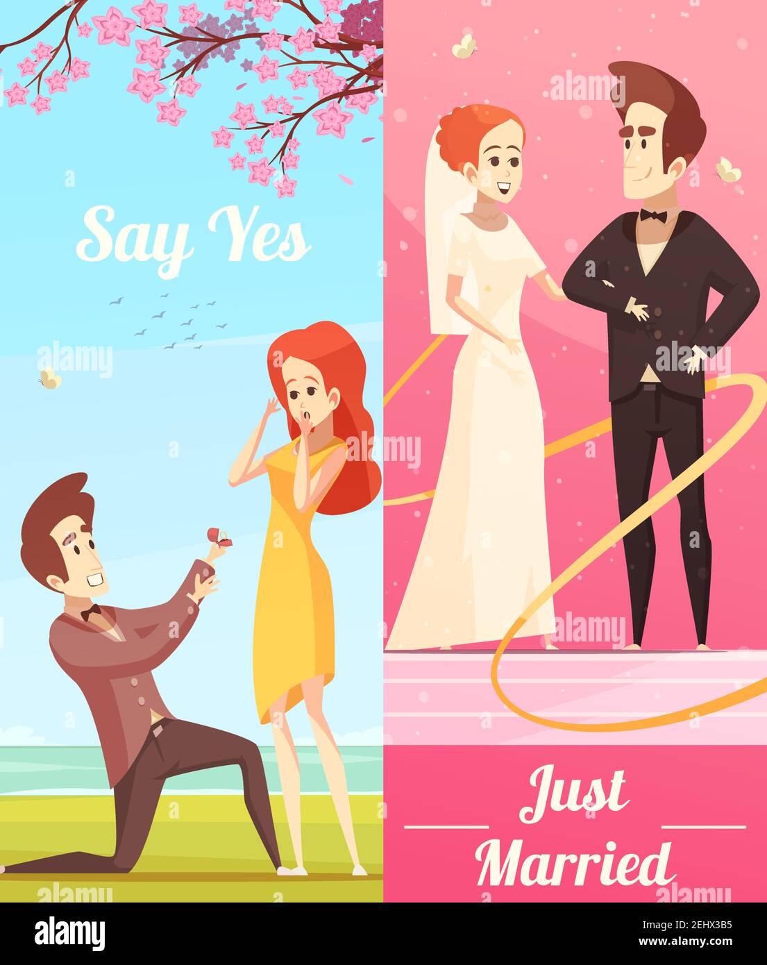 Couple in love vertical banners with young man offering hand and heart and  honeymooners just married flat vector illustration Stock Vector Image & Art  - Alamy