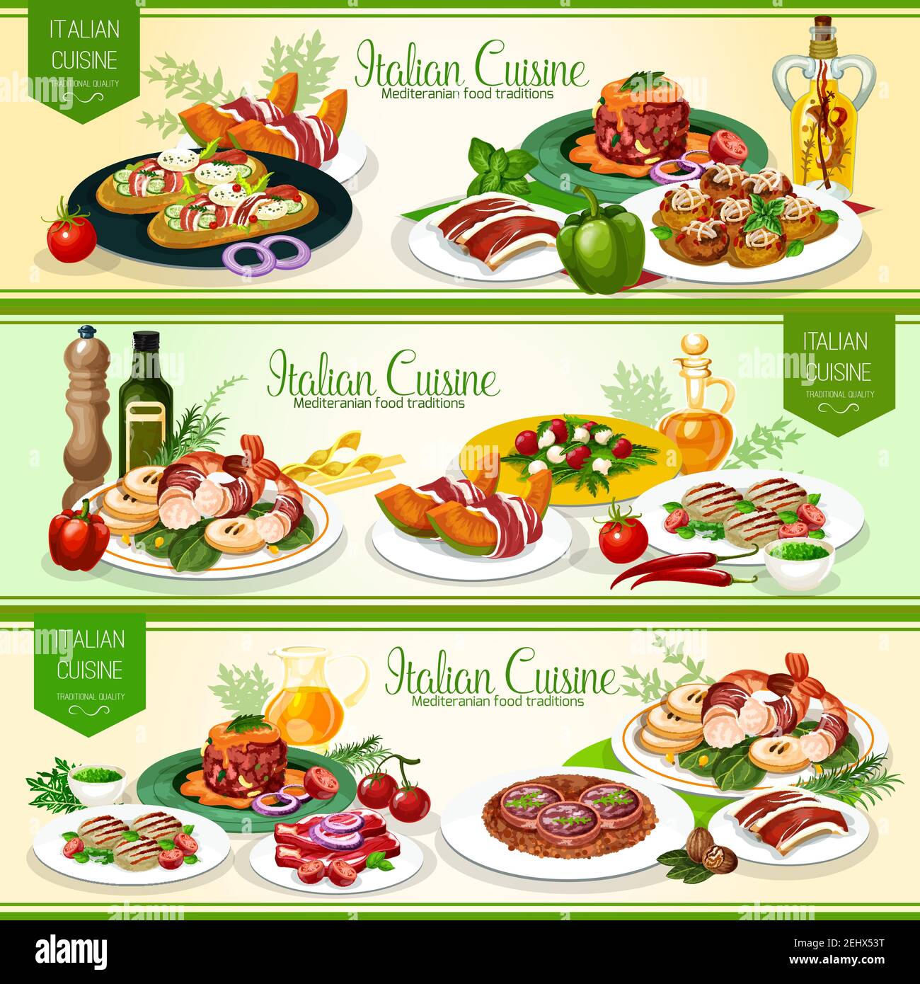 Italian meat, vegetable and seafood dishes with focaccia bread, cheese, olive oil and pesto sauce. Grilled meat, shrimp and tomato feta salads, beef t Stock Vector
