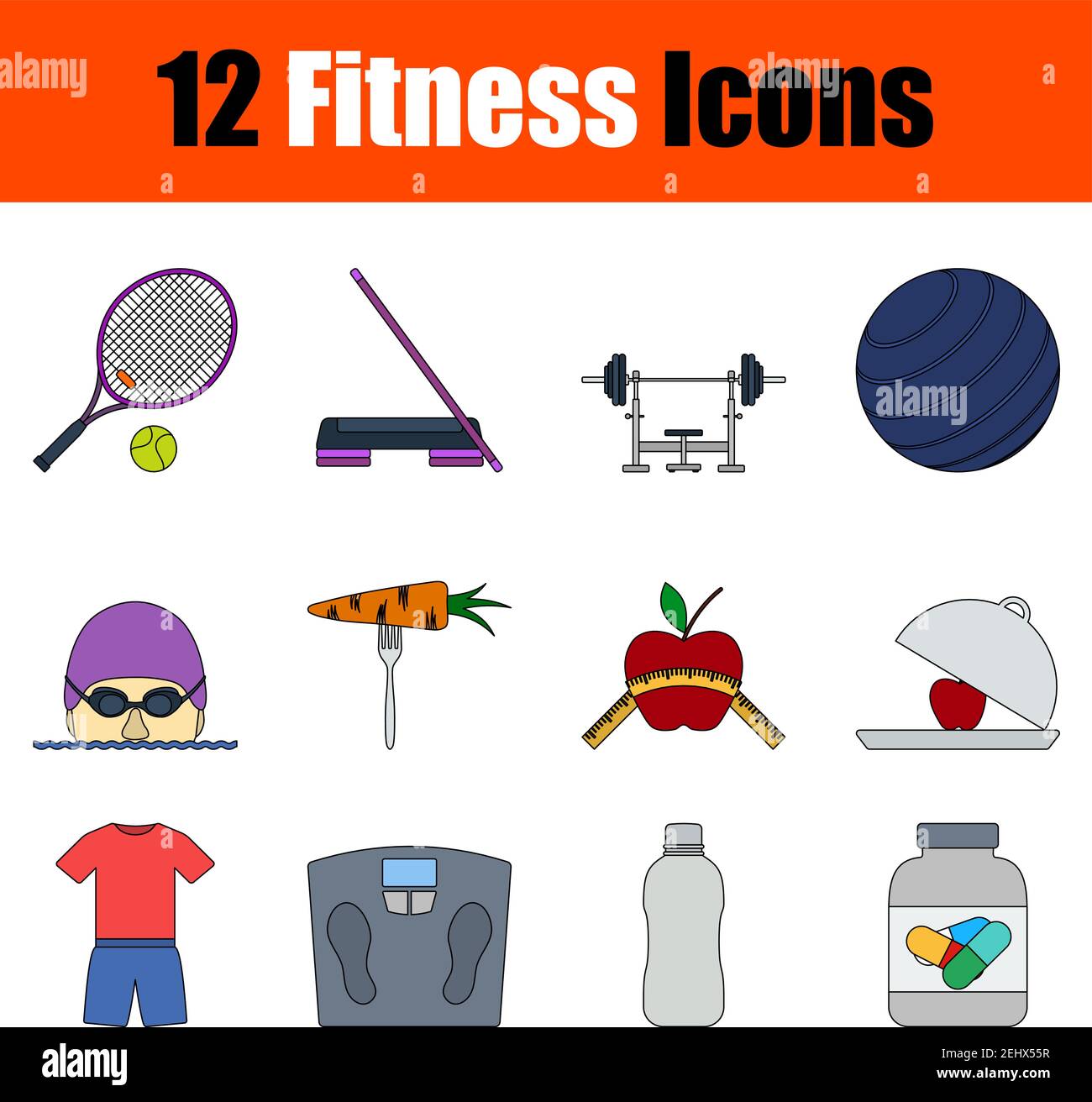 Fitness Icon Set. Flat Color Outline Design With Editable Stroke ...
