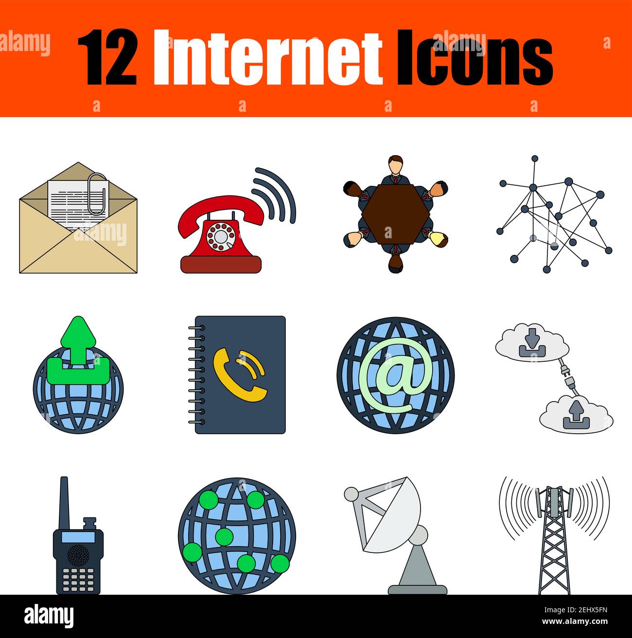 Internet Icon Set. Flat Color Outline Design With Editable Stroke. Vector Illustration. Stock Vector