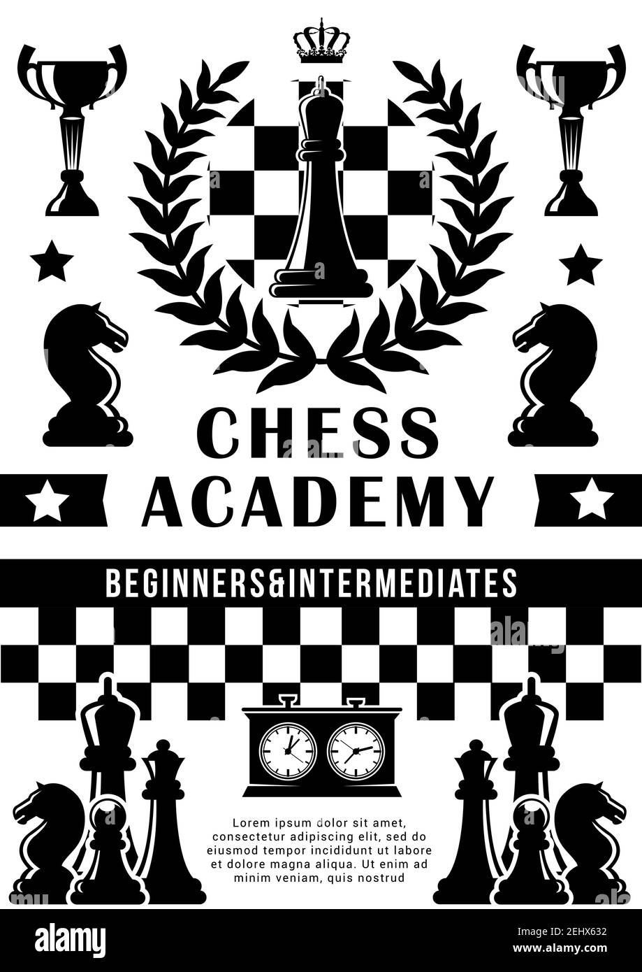 Chess academy or training school poster. Vector chess tournament and championship game design of horse and pawn, rook and king crown on chessboard and Stock Vector
