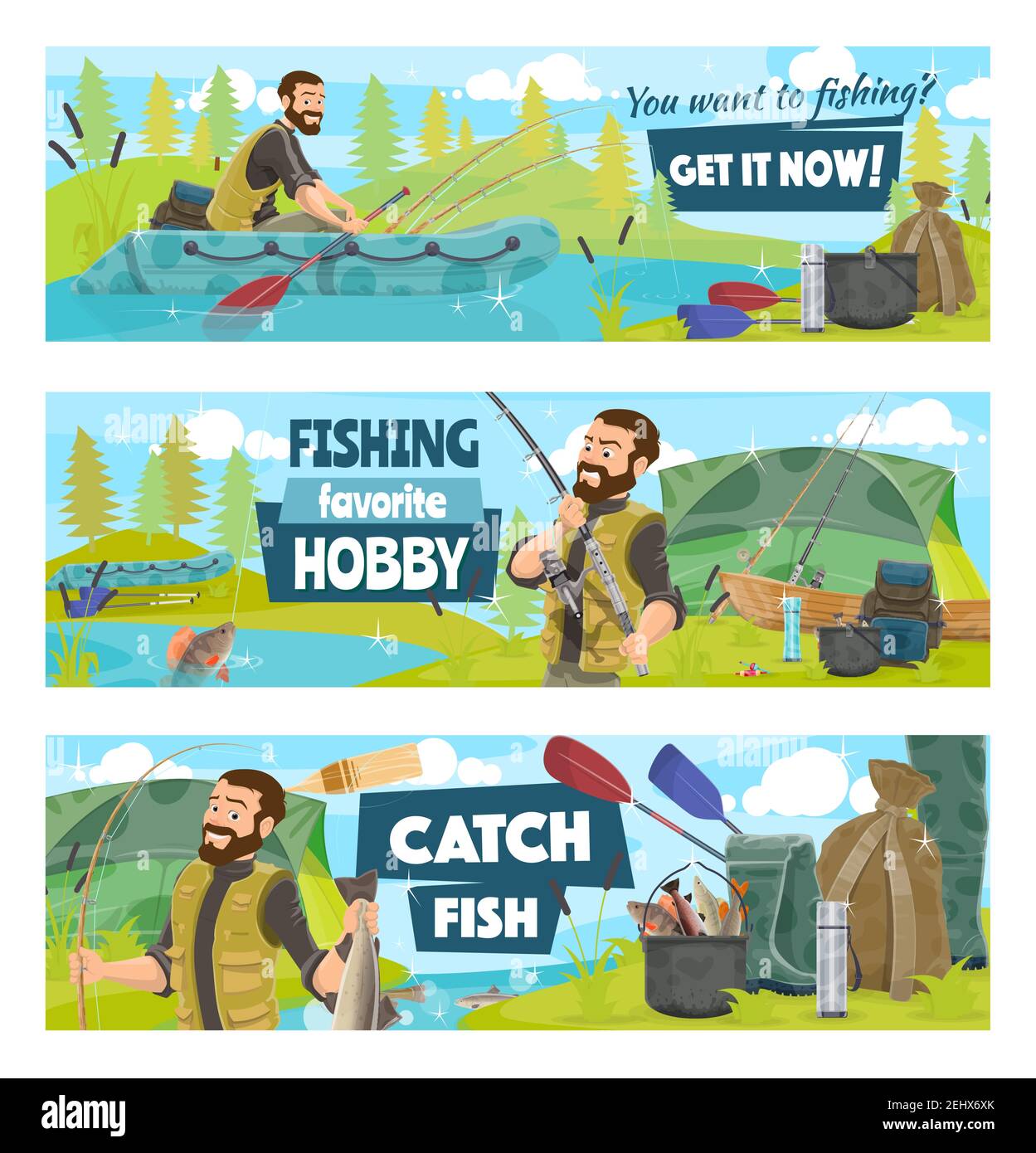 Fishing sport banners with fisherman, boat and rod. Fisher camp on river  with fishing tackle, hook and fish, tent, spinning and boots, perch, trout  an Stock Vector Image & Art - Alamy