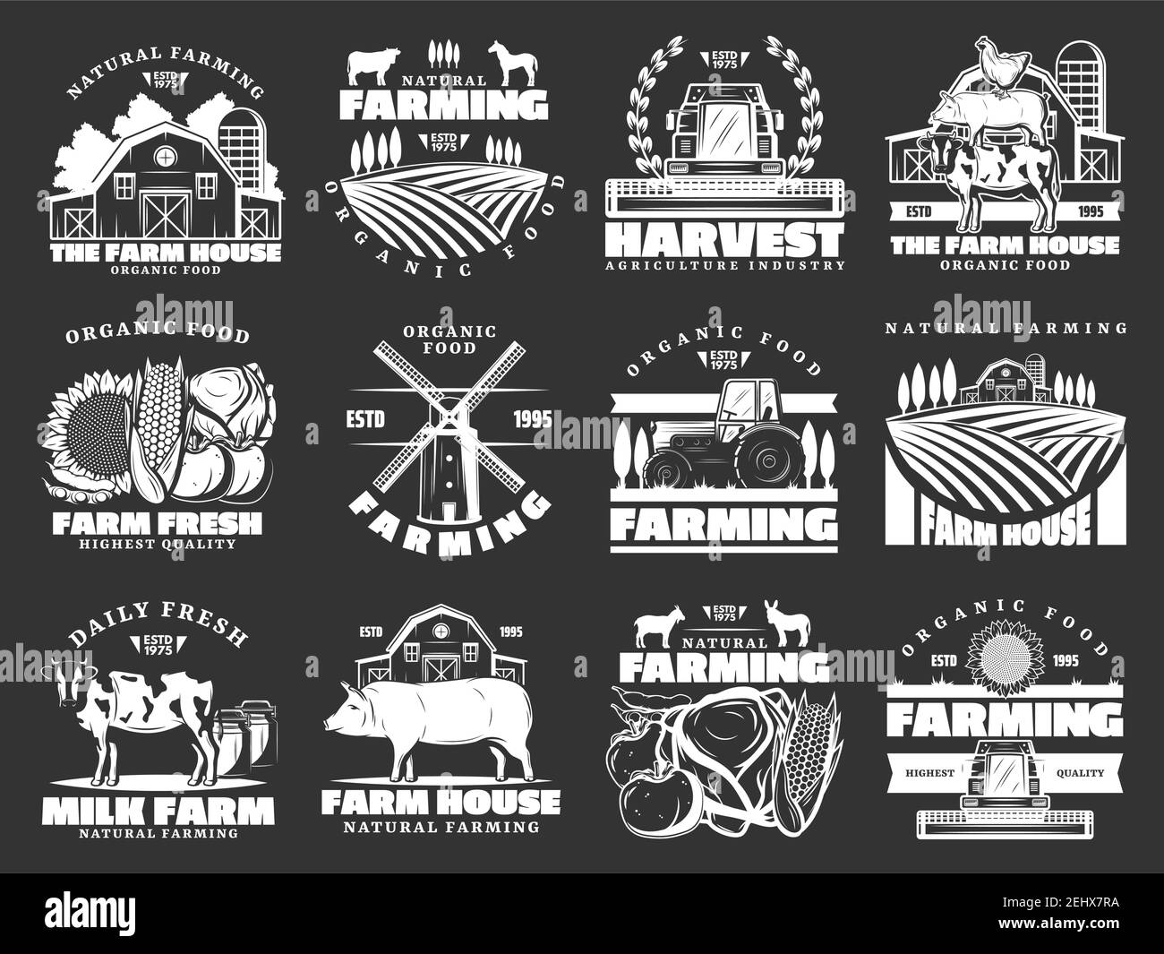 Farm and farming monochrome vector icons, harvest and animals. Organic food and meat, milk and cattle farm. Field and barn, sunflower and vegetables, Stock Vector