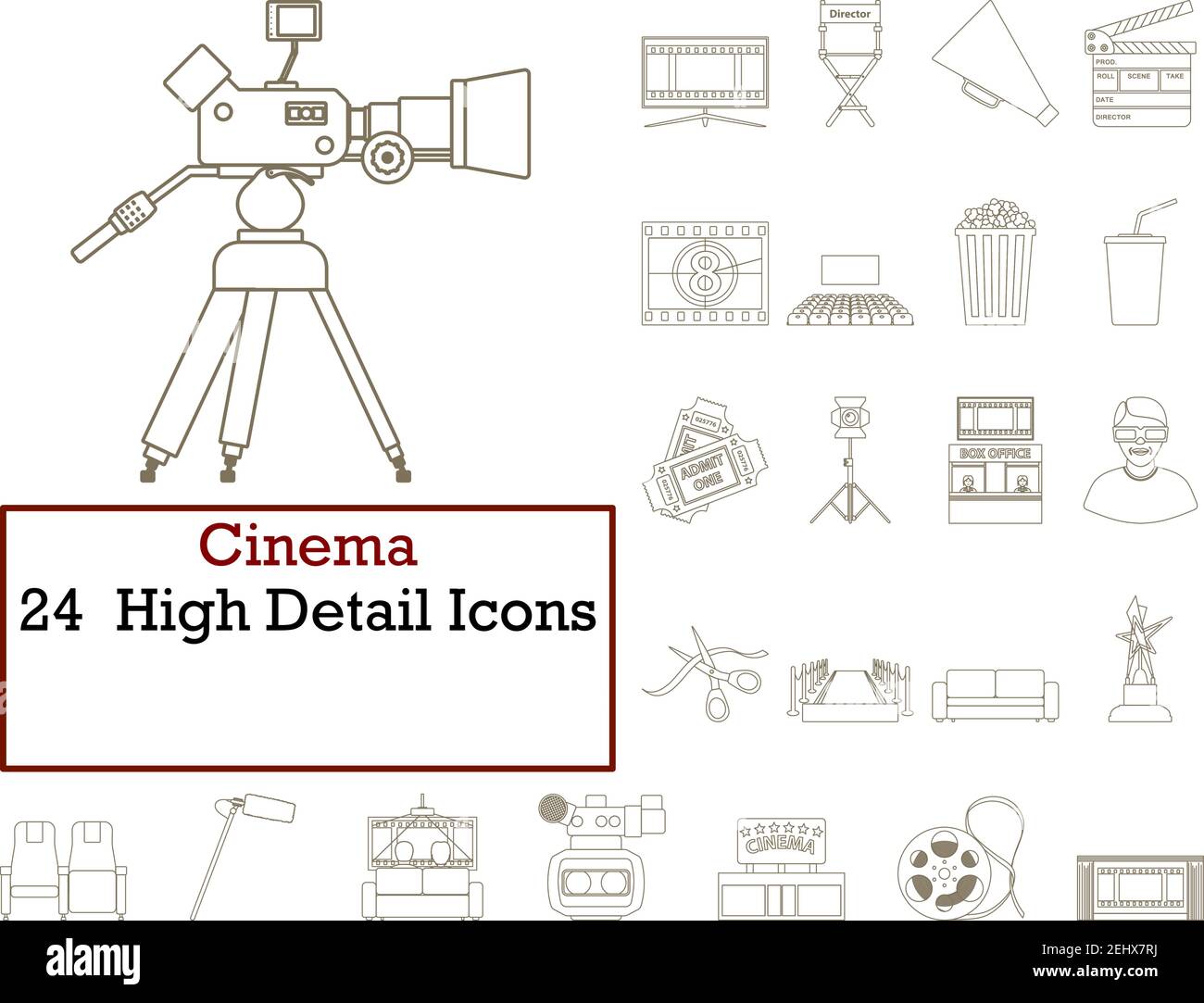 Cinema Icon Set. Thin Editable Stroke Line Without Filling Design. Vector Illustration. Stock Vector