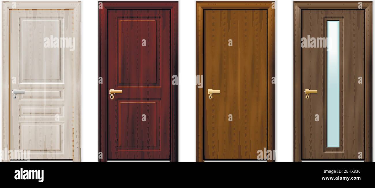 Four isolated and realistic wooden doors design icon set in different ...