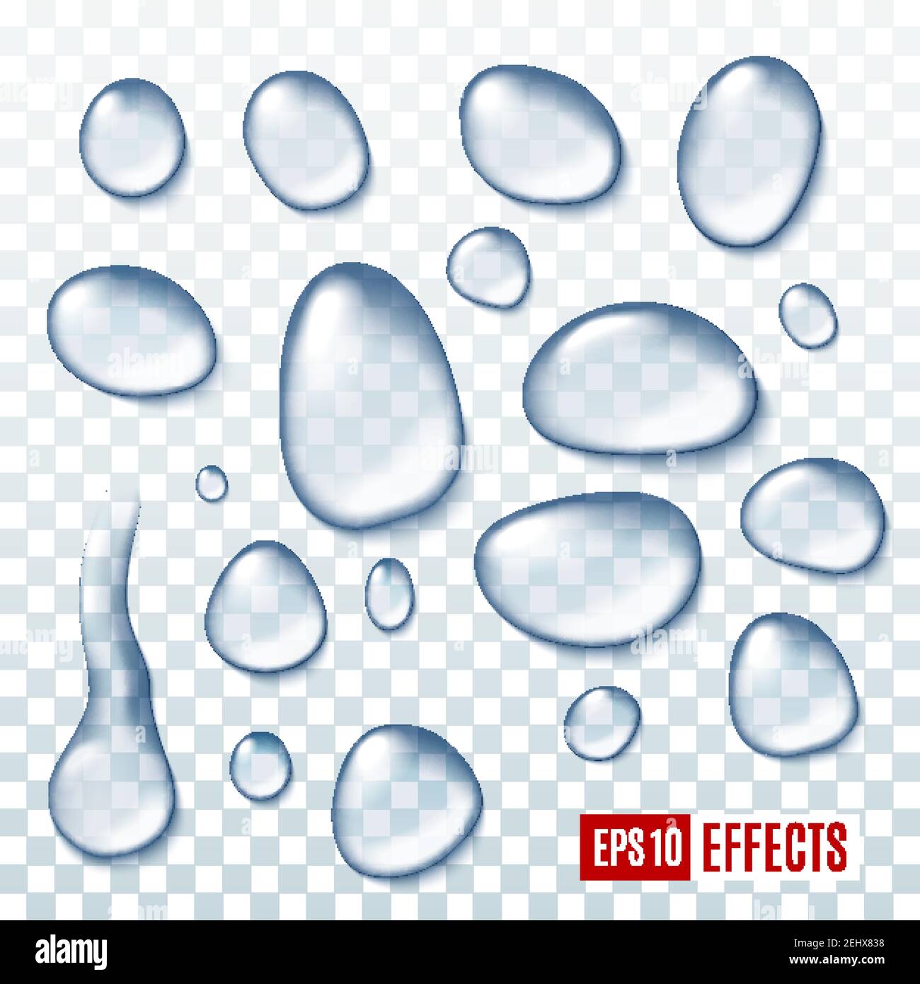 Water realistic drops isolated on transparent background. Rain droplets or raindrops in realistic design. Fresh aqua dews, clear liquid bubbles vector Stock Vector