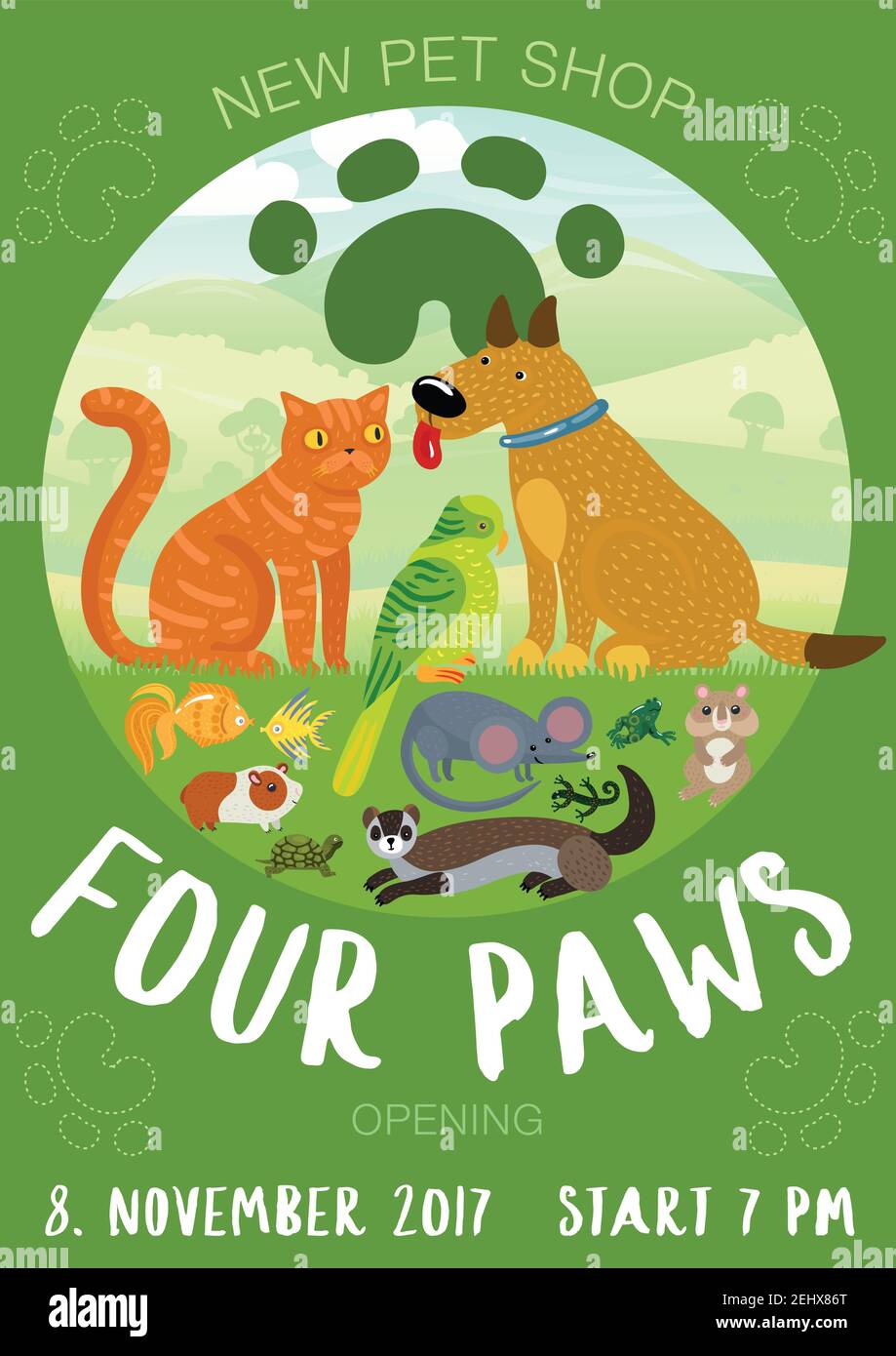Pet shop advertising poster with paw prints, cat and dog, fishes, rodents on green background vector illustration Stock Vector