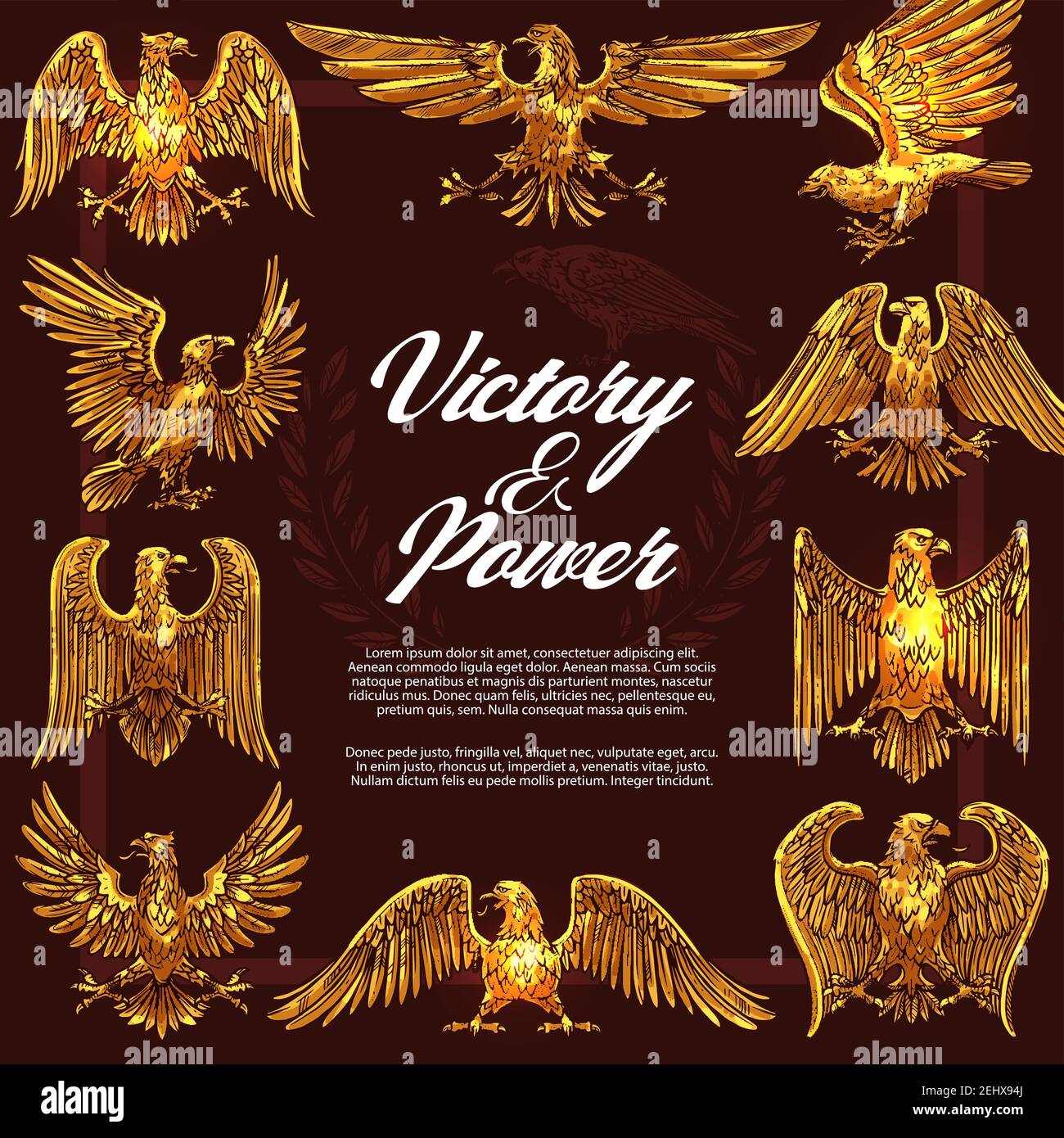 Eagle or hawk as heraldic symbol of victory and power in frame. Golden vector mascot and legendary beast or creature symbolizing strength and nobility Stock Vector