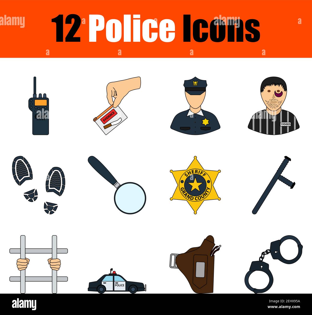 Police Icon Set. Flat Color Outline Design With Editable Stroke. Vector Illustration. Stock Vector