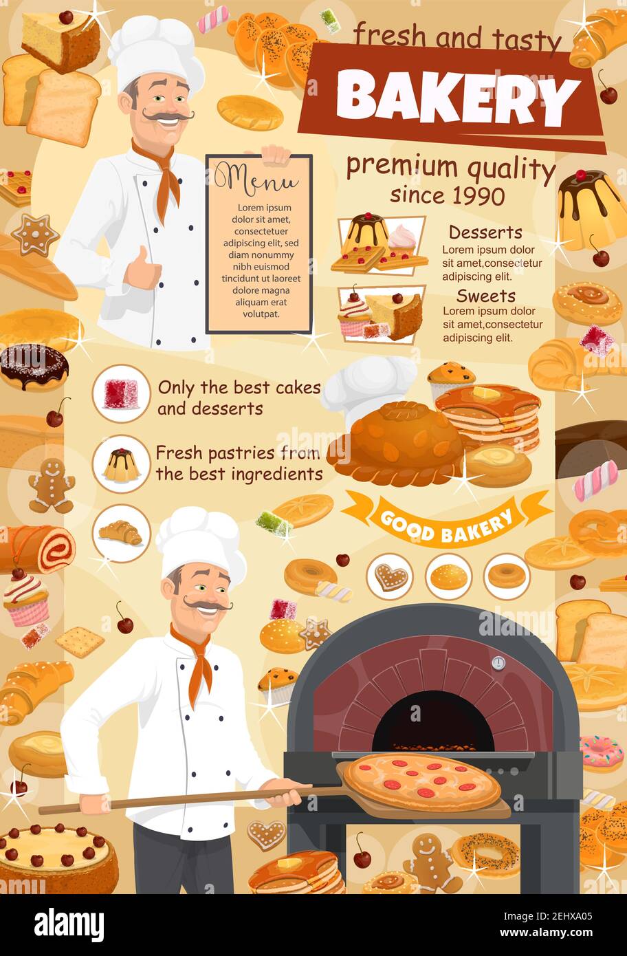 Baker with pizza and desserts menu poster for bakery shop and pastry