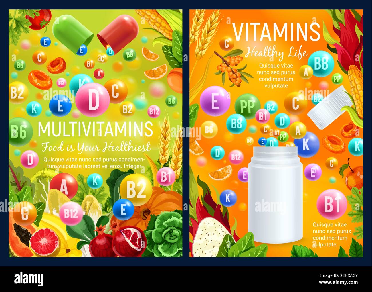 Vitamins and multivitamin supplement complex capsules and pills. Vector