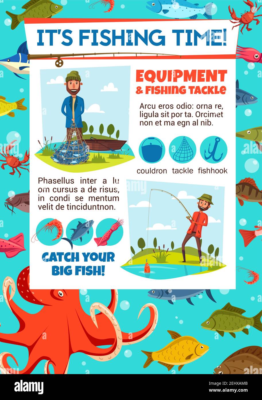 Fisherman and equipment or tackle on fishing tournament invitation. Sea fishing poster with fisher holding net or rod. Cauldron and hook, shrimp and s Stock Vector
