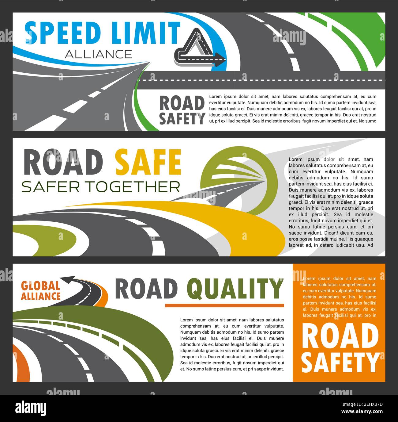 Roads and highways navigation, repair and building, driving safety. Vector roadway of asphalt, transport and direction, drivers instruction, precautio Stock Vector