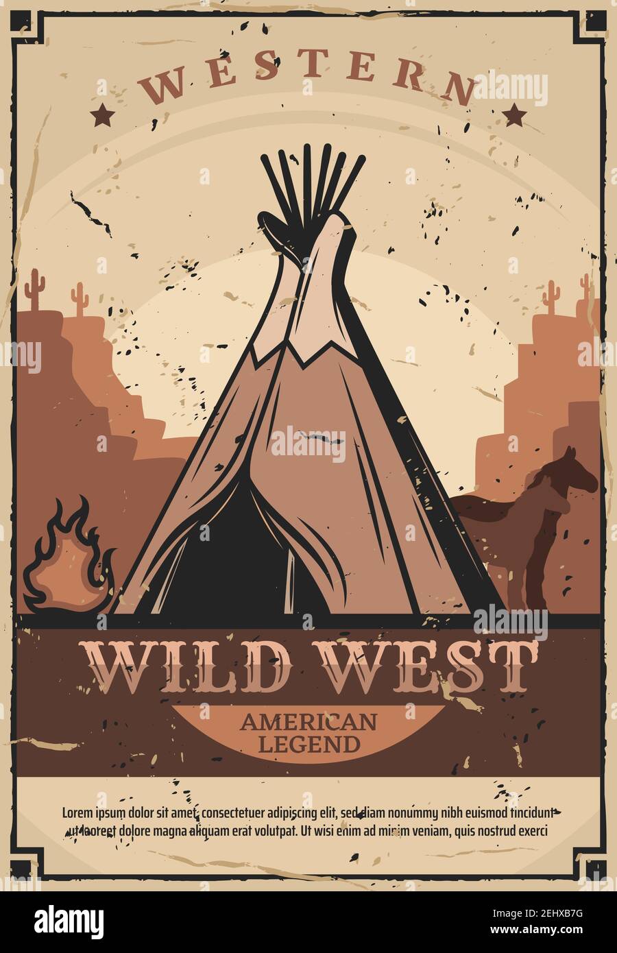 Wild West wigwam, native Americans or Indian dwelling, retro vector. Cone tent, house of sticks and animal skin near fire with horses silhouette. West Stock Vector