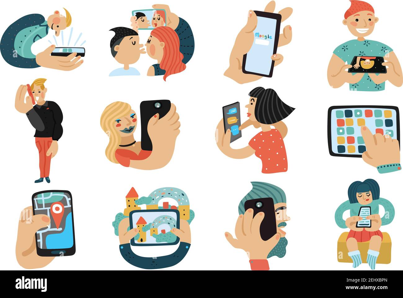 Set of people with mobile phones during calls, video chat, game, selfie, internet search isolated vector illustration Stock Vector