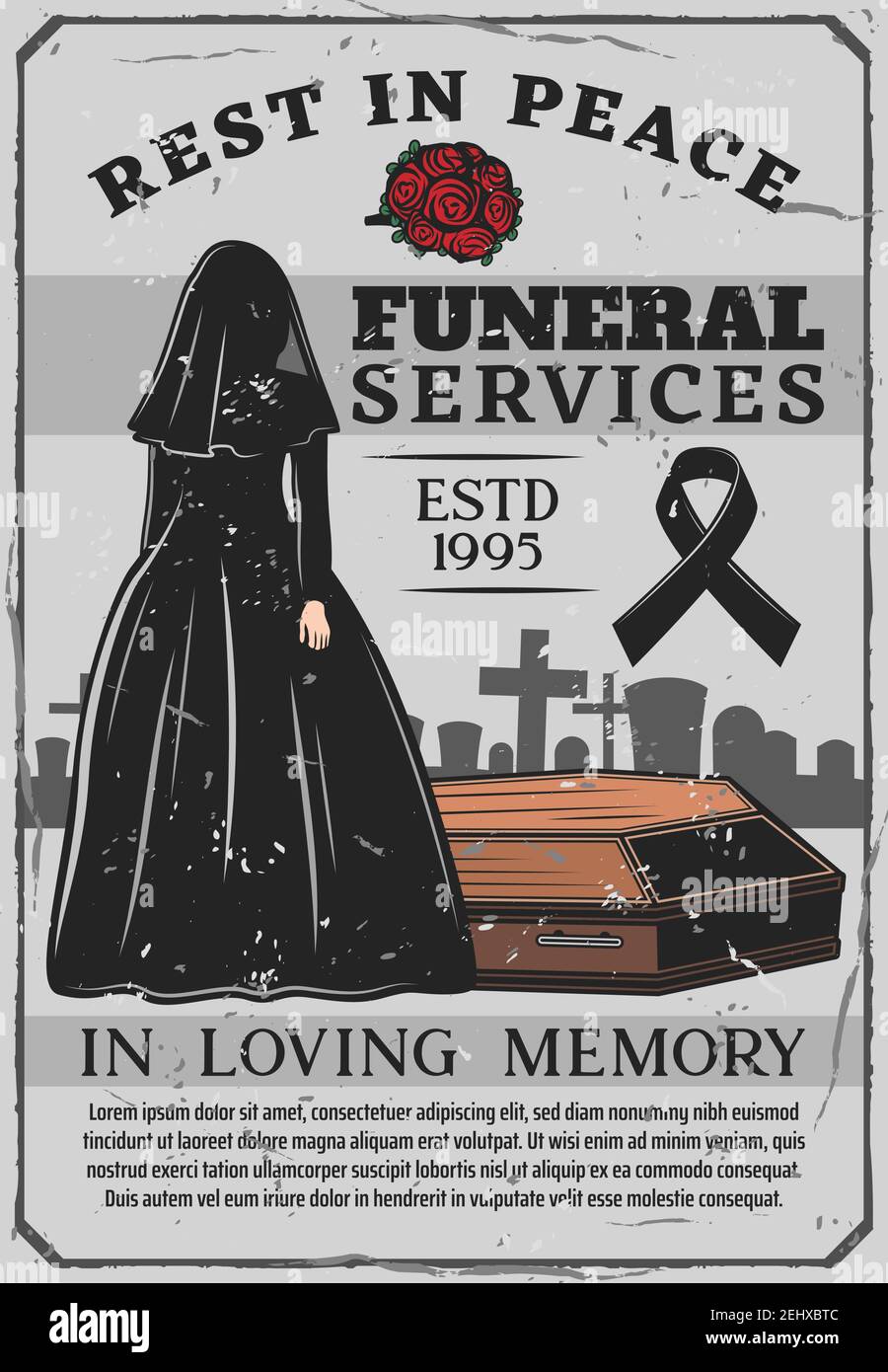Funeral service, interment ceremony, window in black gown with dark