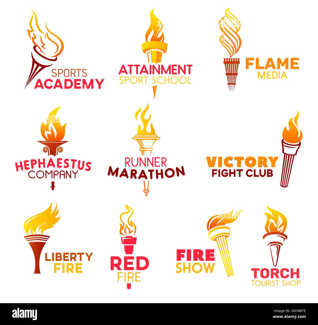 Torch icons and symbols vector icons. Sports academy and attainment sport school, media flame, Hephaestus company. Runner marathon, victory fight club Stock Vector