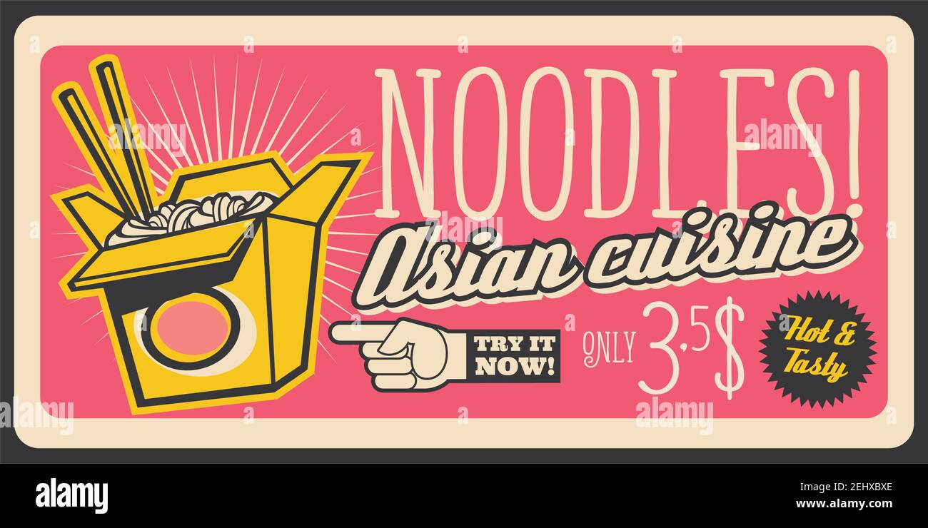 Noodles fast food retro poster, restaurant snacks menu. Vector fastfood