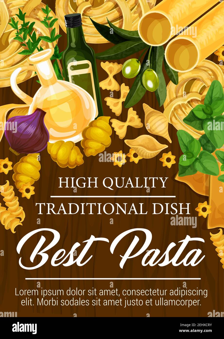 Italian cuisine pasta poster with seasoning and olive oil. Spaghetti