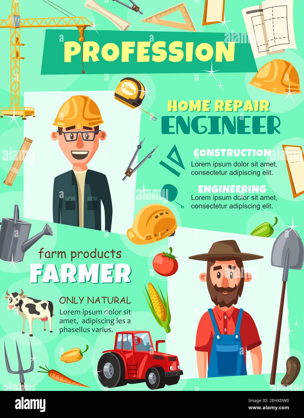 Professions engineer and farmer agronomist poster. Construction