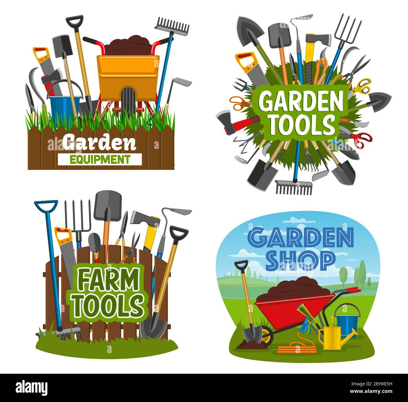 Gardening tools and equipment isolated posters. Garden shop items shovel, spade, rake and pruner, trowel and fork, scissors, pitchfork. Wheelbarrow, c Stock Vector