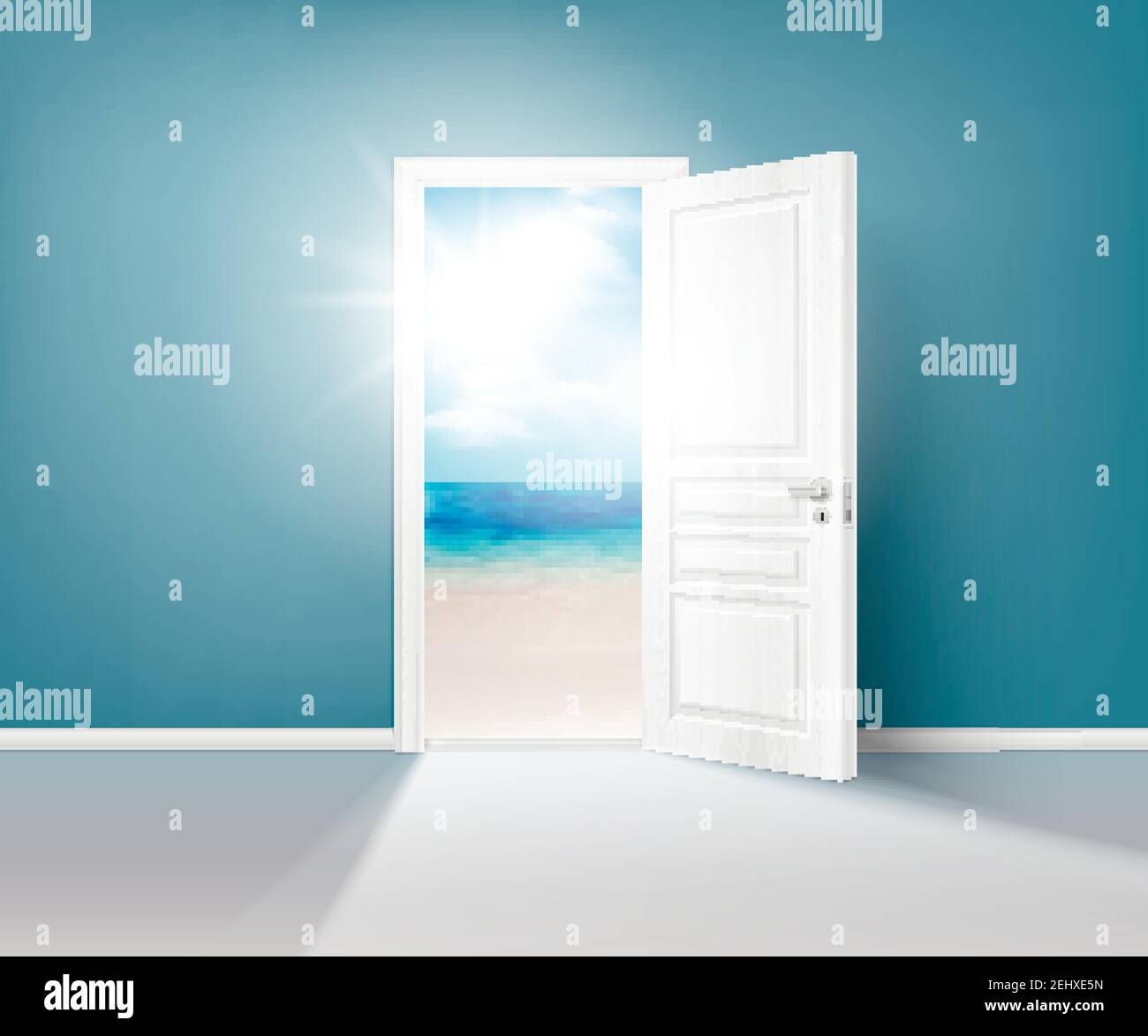 Colored doors nature realistic composition with out of the house on the sunny street vector illustration Stock Vector