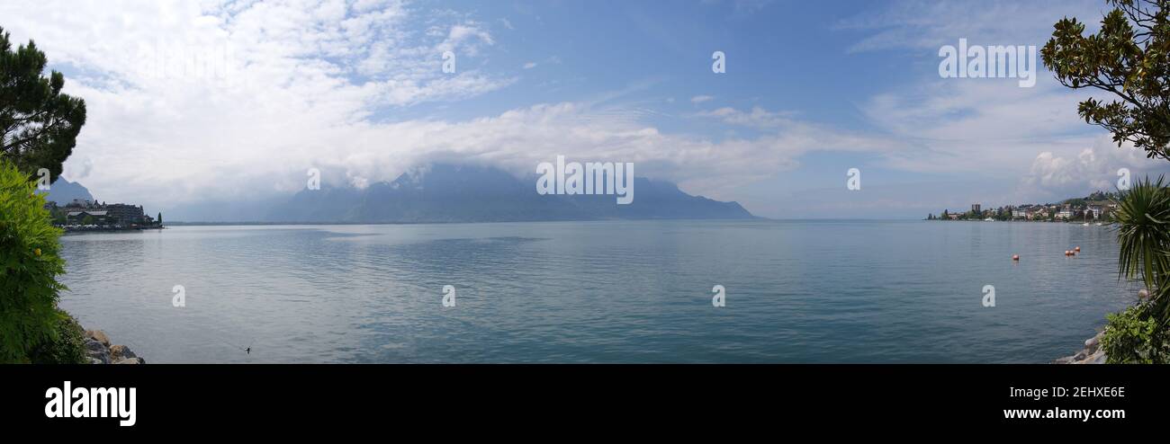 Switzerland, Montreux, panoramic view of Lake Geneva and the Alps in ...