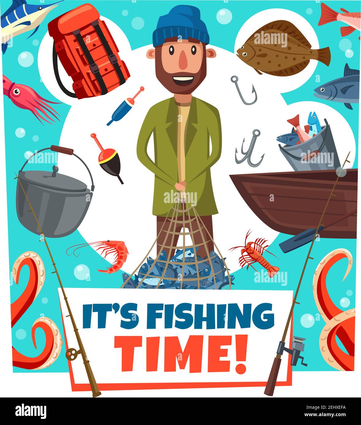 Fishing time cartoon poster of man with boat, and fish catch on lures and tackles. Vector design of seafood crab or octopus and marlin, fishing rod an Stock Vector