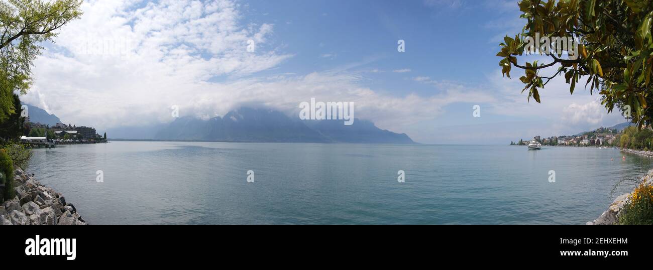 Switzerland, Montreux, panoramic view of Lake Geneva and the Alps in ...