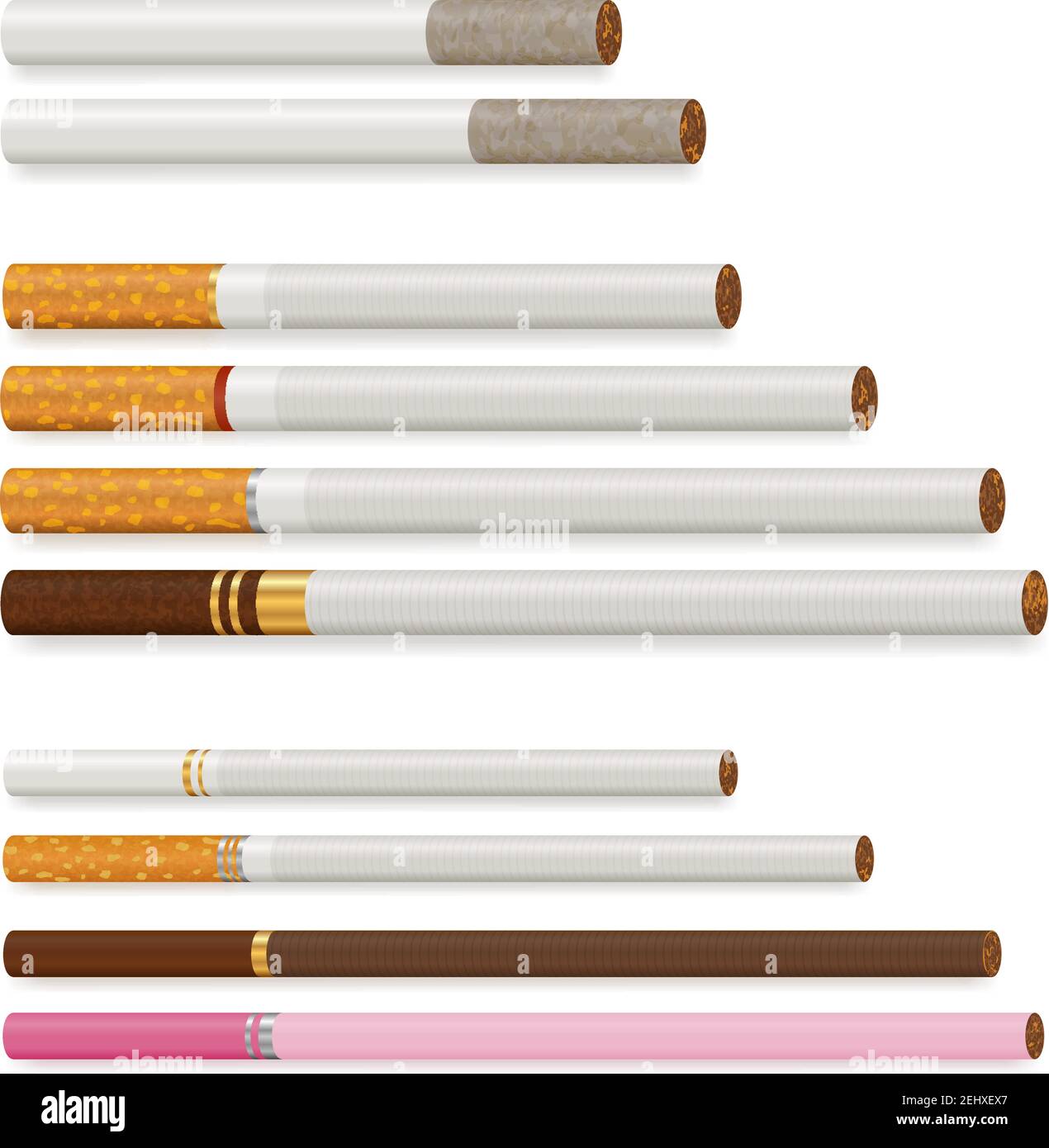 Various cigarettes of different size and color realistic set isolated