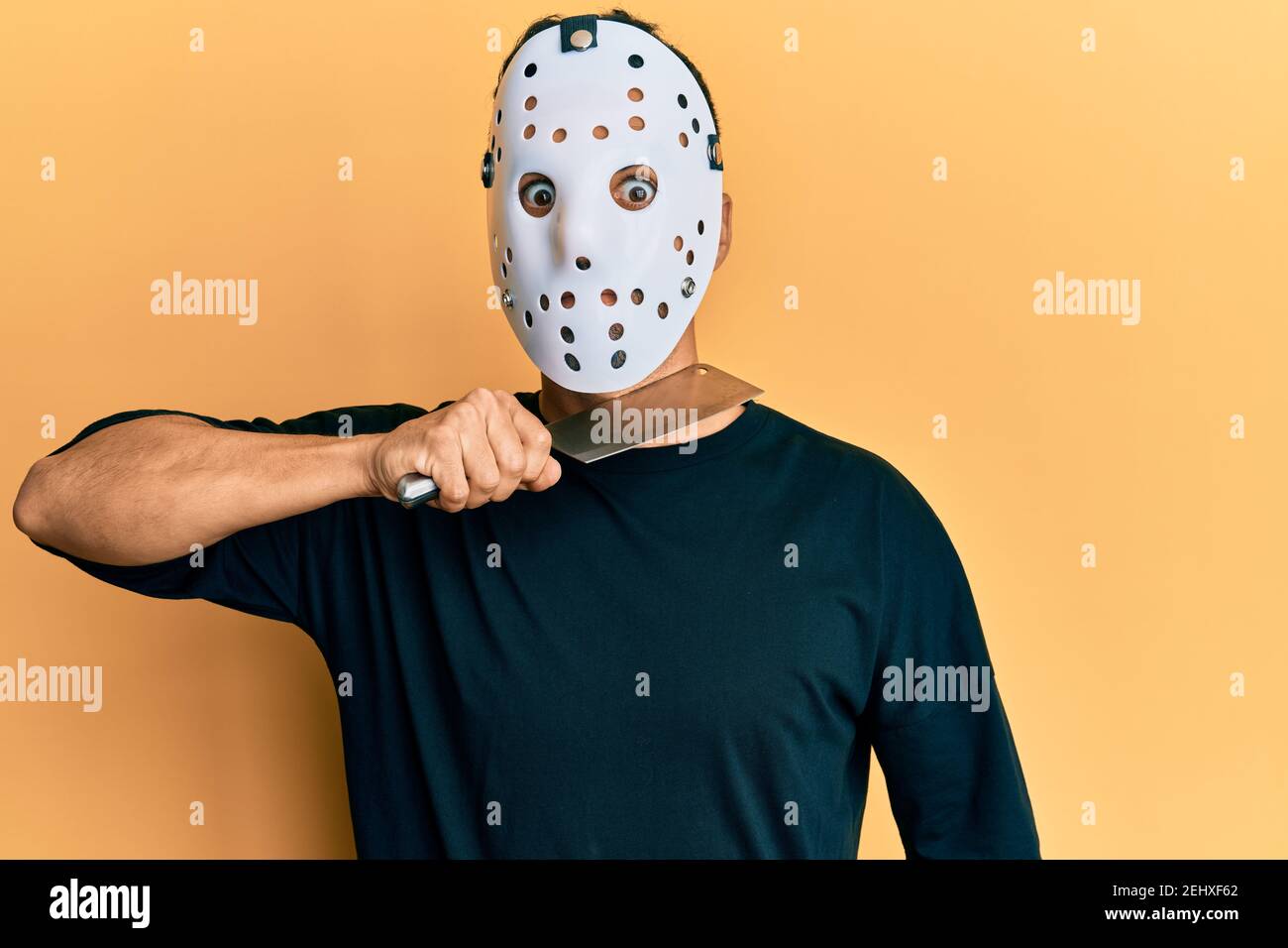 Man wearing hockey mask holding butcher knife looking dangerous and  threatening Stock Photo - Alamy