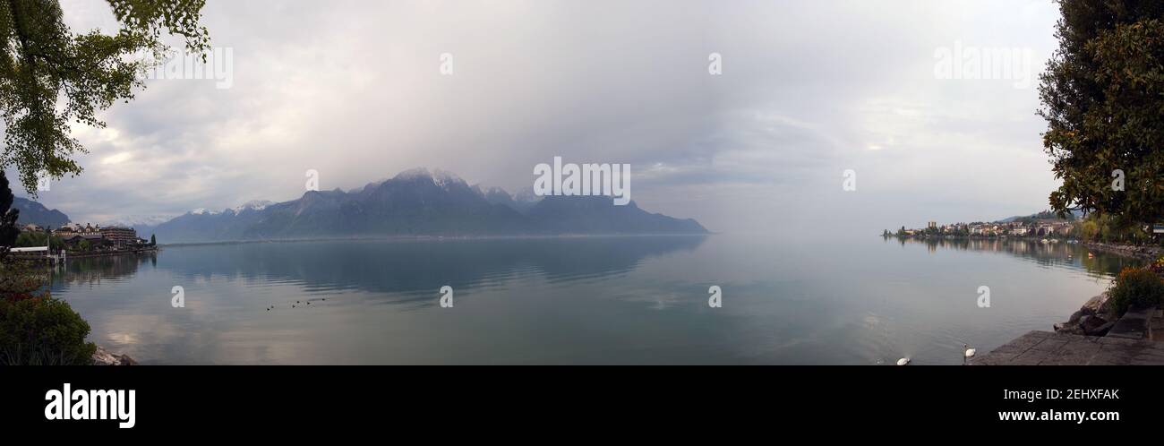 Switzerland, Montreux, panoramic view of Lake Geneva and the Alps in ...