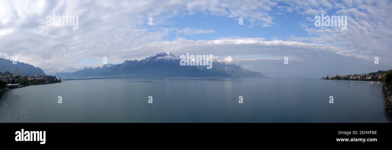Switzerland, Montreux, panoramic view of Lake Geneva and the Alps in ...