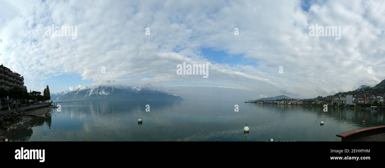 Switzerland, Montreux, panoramic view of Lake Geneva and the Alps in ...