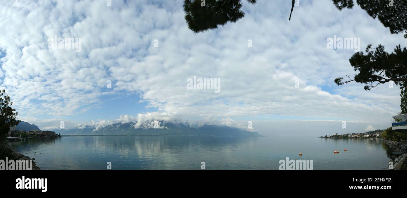 Switzerland, Montreux, panoramic view of Lake Geneva and the Alps in ...