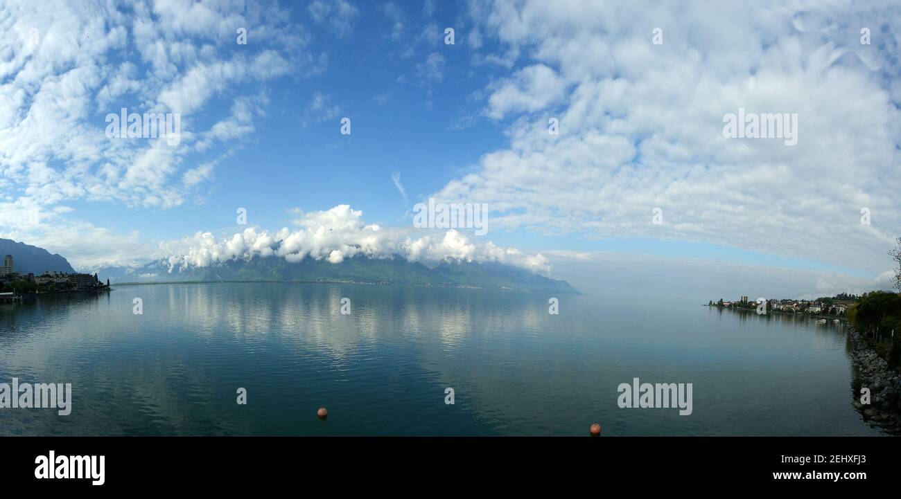 Switzerland, Montreux, panoramic view of Lake Geneva and the Alps in ...