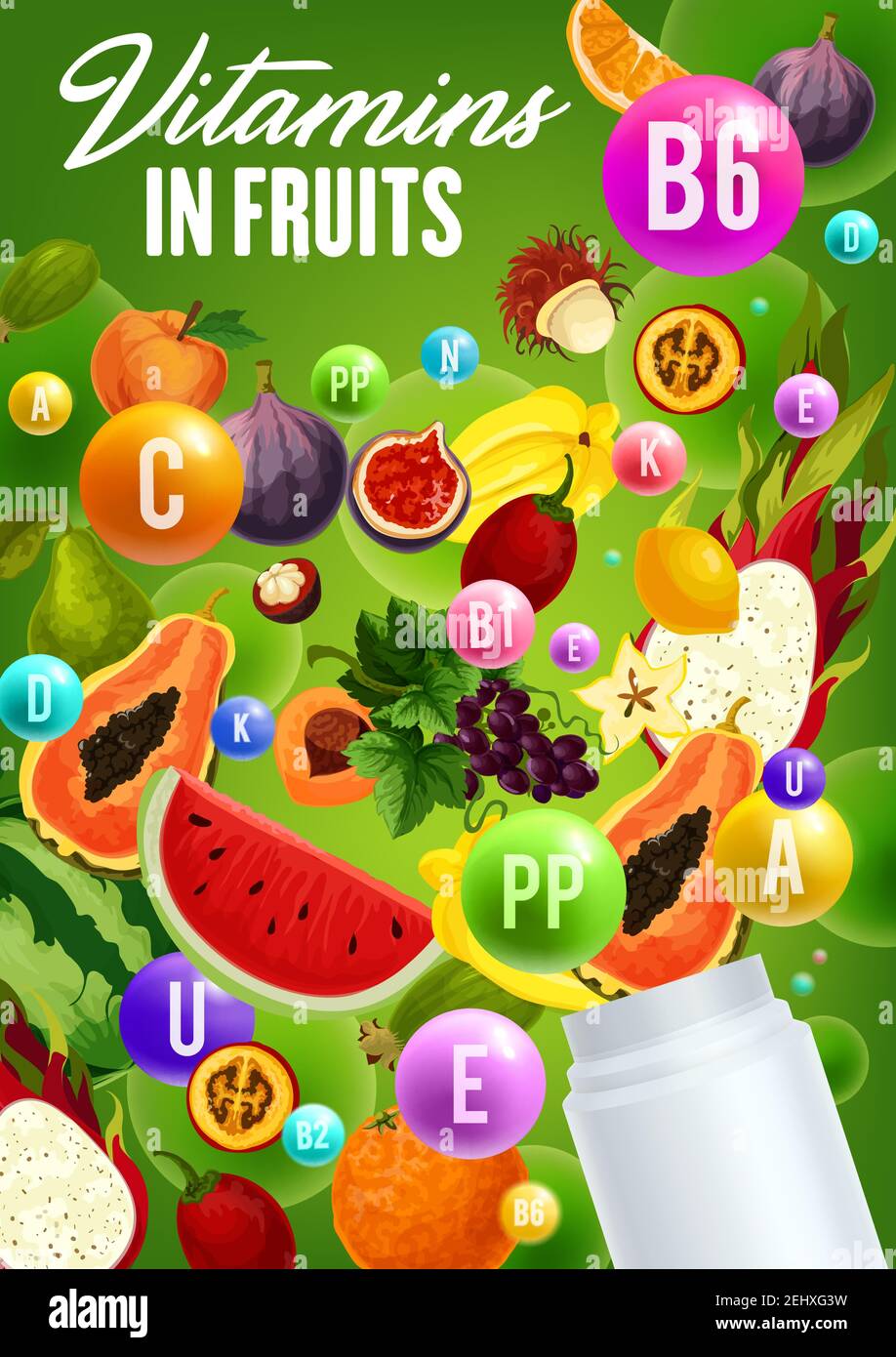 Vitamins in fruits, natural organic healthy food. Vector multivitamins