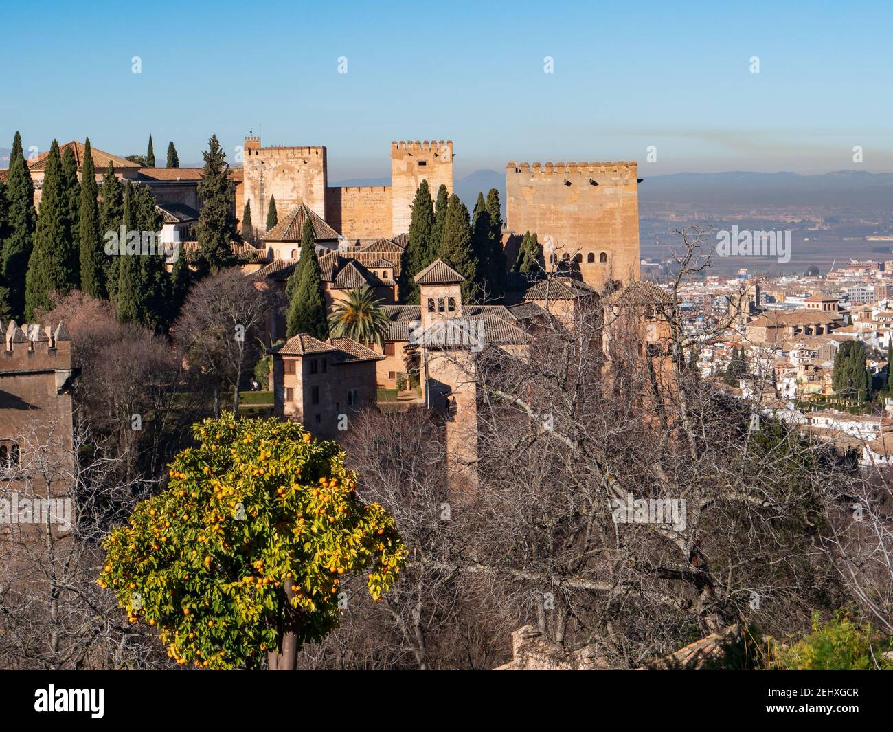 Elevated view across the Alhambra a UNESCO World Heritage site in Granada Spain Stock Photo
