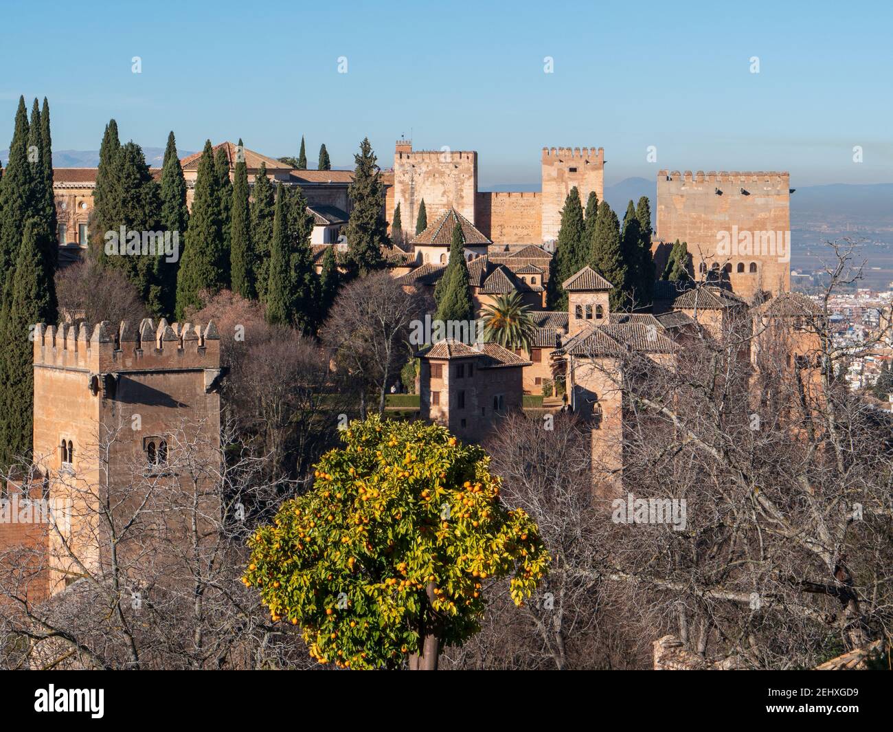 Elevated view across the Alhambra a UNESCO World Heritage site in Granada Spain Stock Photo