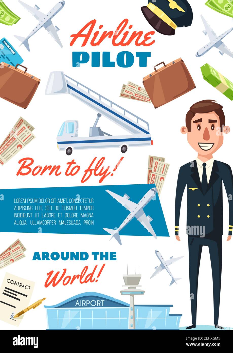 Pilot in uniform, recruitment transportation company vacancy. Vector aircraft pilot or aviator and airport, airplane and ticket, suitcase and travel p Stock Vector