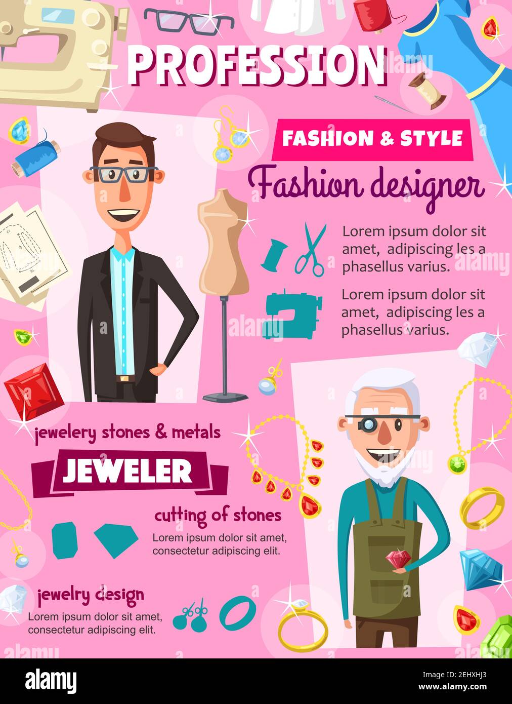 Fashion designer or dressmaker tailor and jeweler professions. Vector dress and clothes tailoring, sewing machine and threads, jewelry diamonds and ge Stock Vector