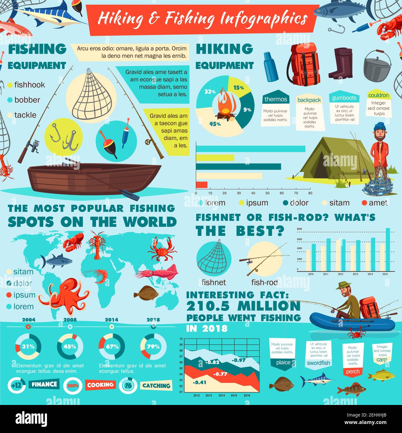 Fishing and camping sport infographic, fish catch. Vector statistics of camping places on world map, fisherman boat or rod equipment diagrams, flowcha Stock Vector